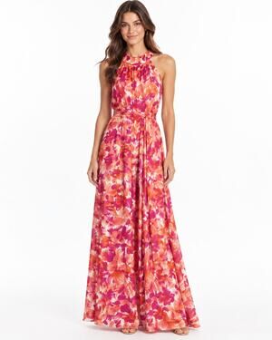 Petal & Pup Pink Orange Floral Halter Maxi Dress Size Medium NWT